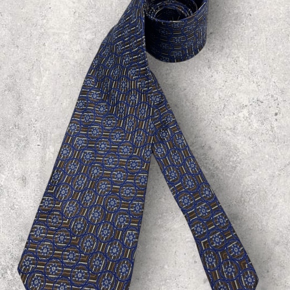 SERICA Blue/Brown Geometric Floral Silk LUXURY Tie HANDMADE ITALY - Picture 6 of 6